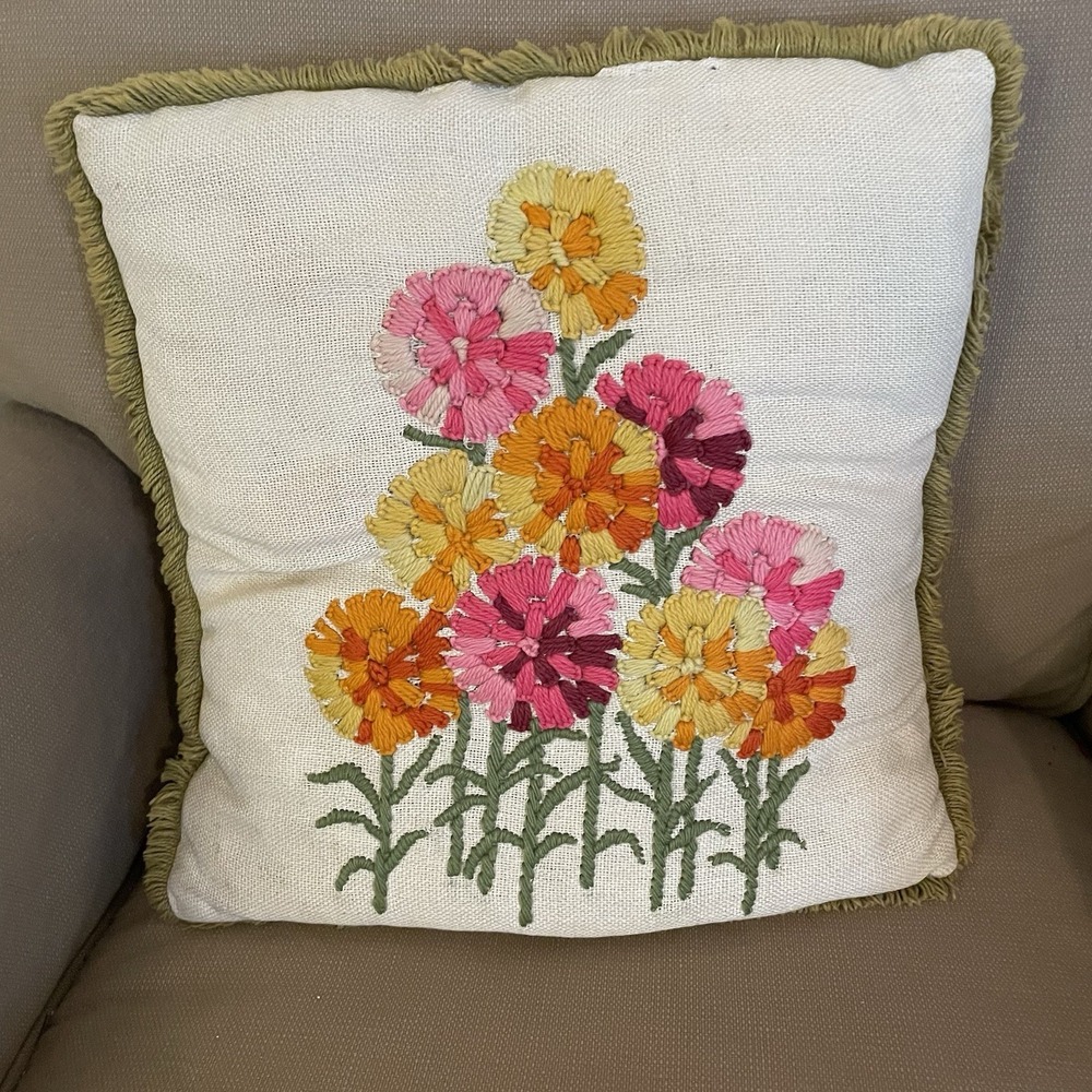 Vintage 1970s Crewel Embroidered Throw Pillow 12 X 13 Boho Cottage Core Grandma